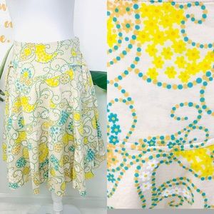 Anthropologie Yellow and Blue Floral A-Line Skirt